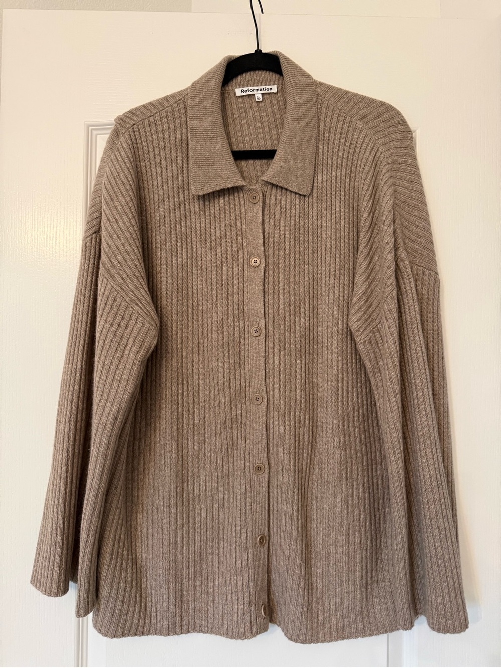 Reformation Taupe Cashmere Ribbed Button-Front Sweater